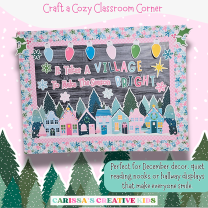 Create a cozy classroom corner with this pastel Christmas village bulletin board display — perfect for December decor, reading nooks, or hallway spaces in preschool and kindergarten.