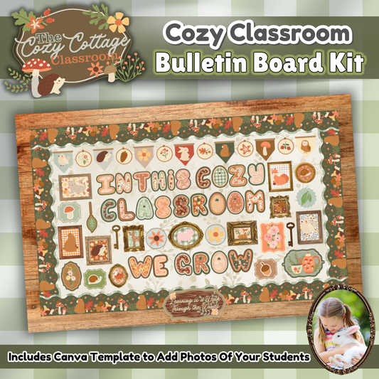 Cozy Cottage Classroom Bulletin Board Kit featuring a warm woodland theme with vintage picture frames, embroidered letters, forest animals, and customizable photo templates—perfect for cozy, cottagecore-inspired classroom decor.