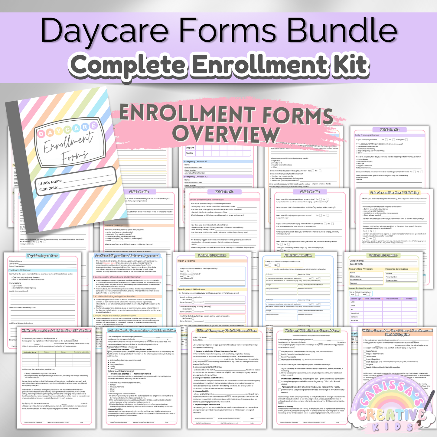 Daycare bundle including contract, enrollment forms, and parent handbook for professional childcare management.