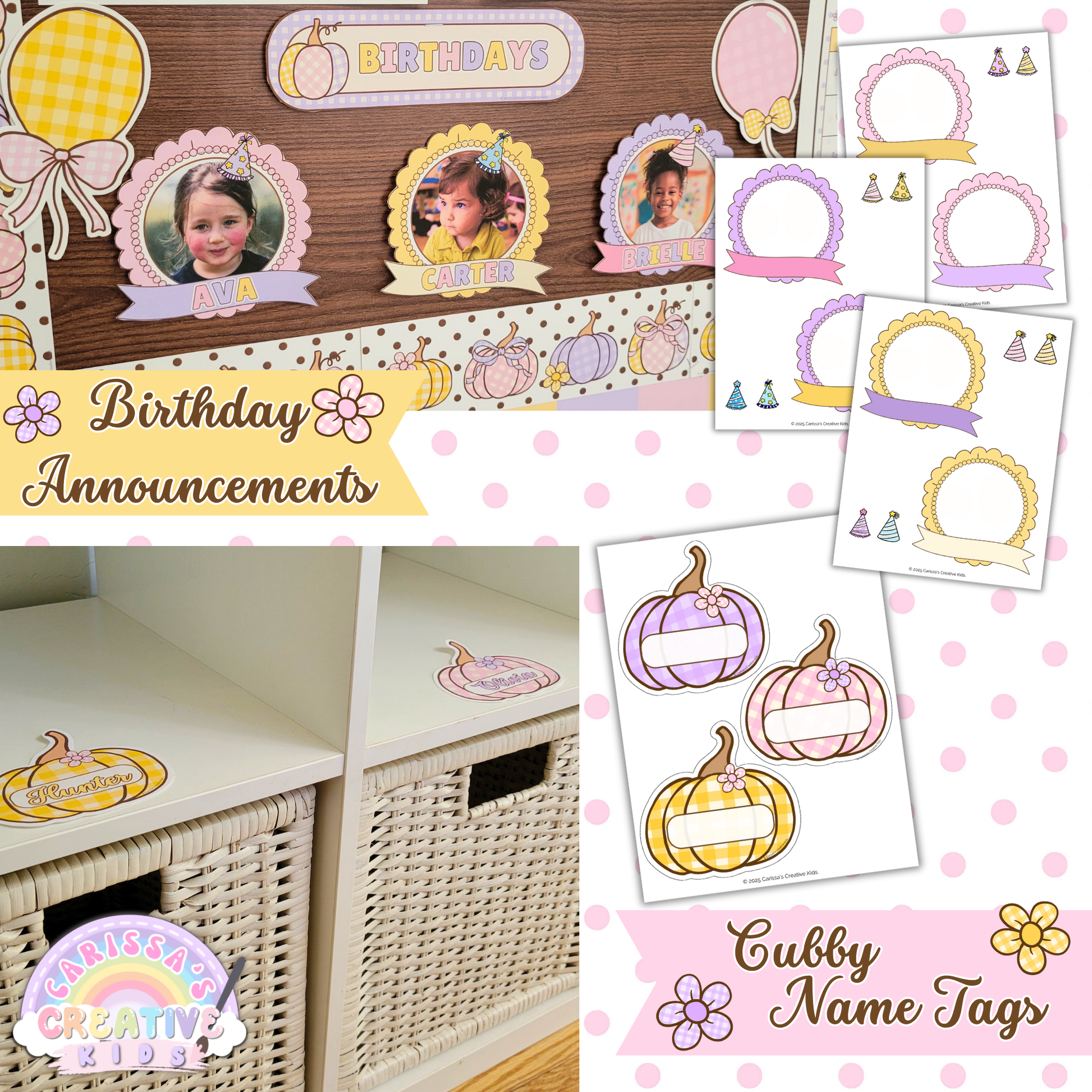 Printable daycare cubby name tags and birthday announcement board for preschool classrooms. Create a personalized and organized space for every child with matching pastel labels and celebration frames — perfect for home daycare decor.