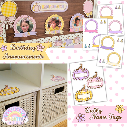Printable daycare cubby name tags and birthday announcement board for preschool classrooms. Create a personalized and organized space for every child with matching pastel labels and celebration frames — perfect for home daycare decor.
