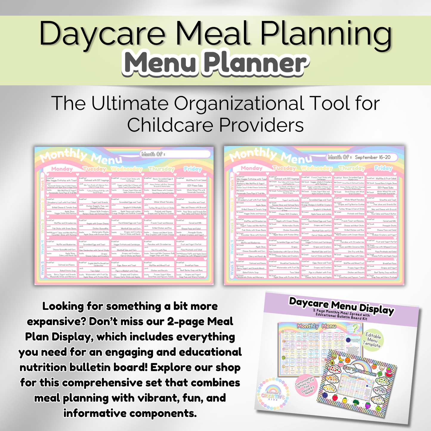 Pastel menu template for daycares. Stylish and functional daycare planner for organized meal scheduling.