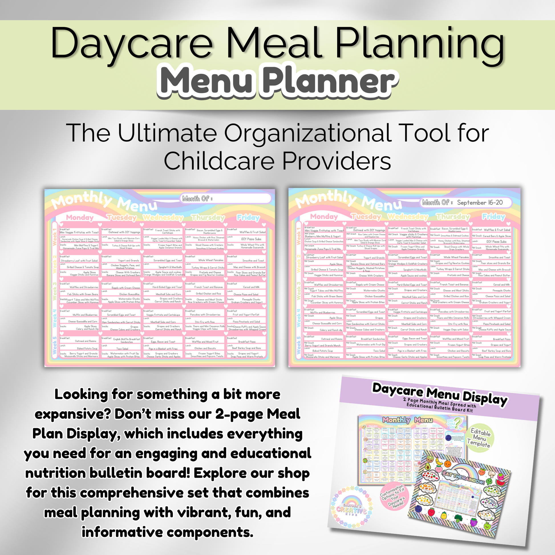 Pastel menu template for daycares. Stylish and functional daycare planner for organized meal scheduling.