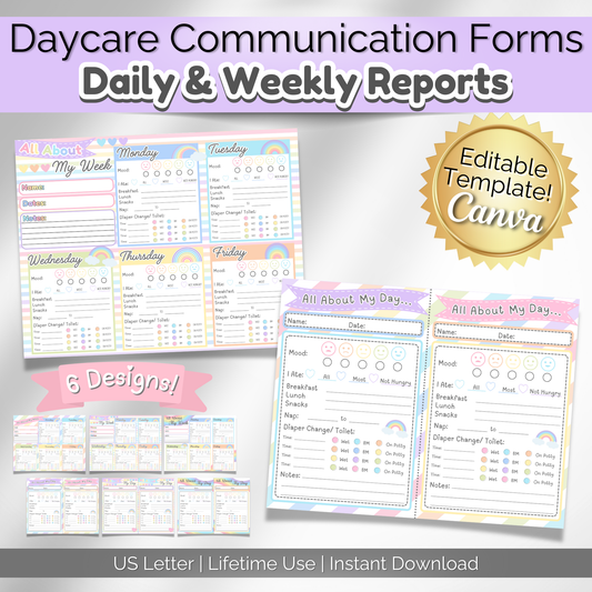 Daycare daily report log to track activities, meals, and naps. Perfect for organized daycare forms and schedules.