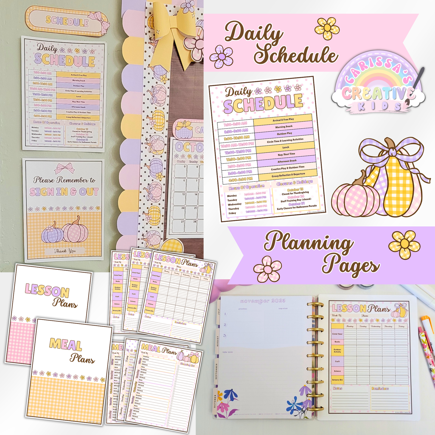 Printable daycare daily schedule, lesson plan, and meal planning templates to help providers stay organized and professional. Editable preschool planner pages in soft pastel colors — perfect for classroom display or binder use.
