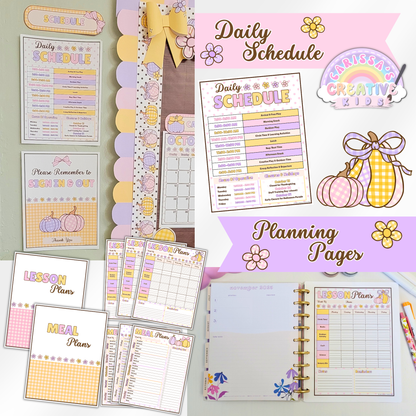 Printable daycare daily schedule, lesson plan, and meal planning templates to help providers stay organized and professional. Editable preschool planner pages in soft pastel colors — perfect for classroom display or binder use.