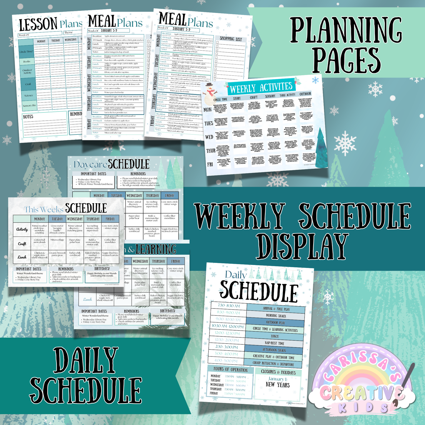 Editable planning pages for daycare and preschool, including lesson plan templates, meal plans, daily schedule, and weekly activity displays. Designed in a winter theme, these forms help providers stay organized and maintain consistent routines. Fully editable in Canva for flexible classroom use.