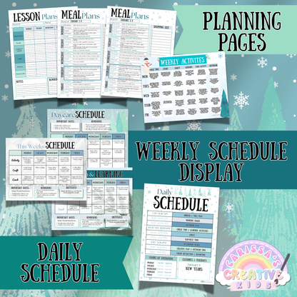 Editable planning pages for daycare and preschool, including lesson plan templates, meal plans, daily schedule, and weekly activity displays. Designed in a winter theme, these forms help providers stay organized and maintain consistent routines. Fully editable in Canva for flexible classroom use.