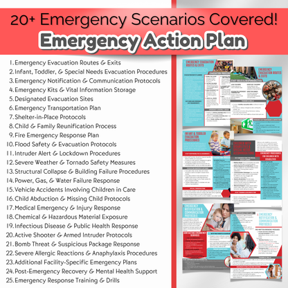 Editable daycare emergency action plan template. Includes evacuation plans, medical emergency procedures, and communication protocols.