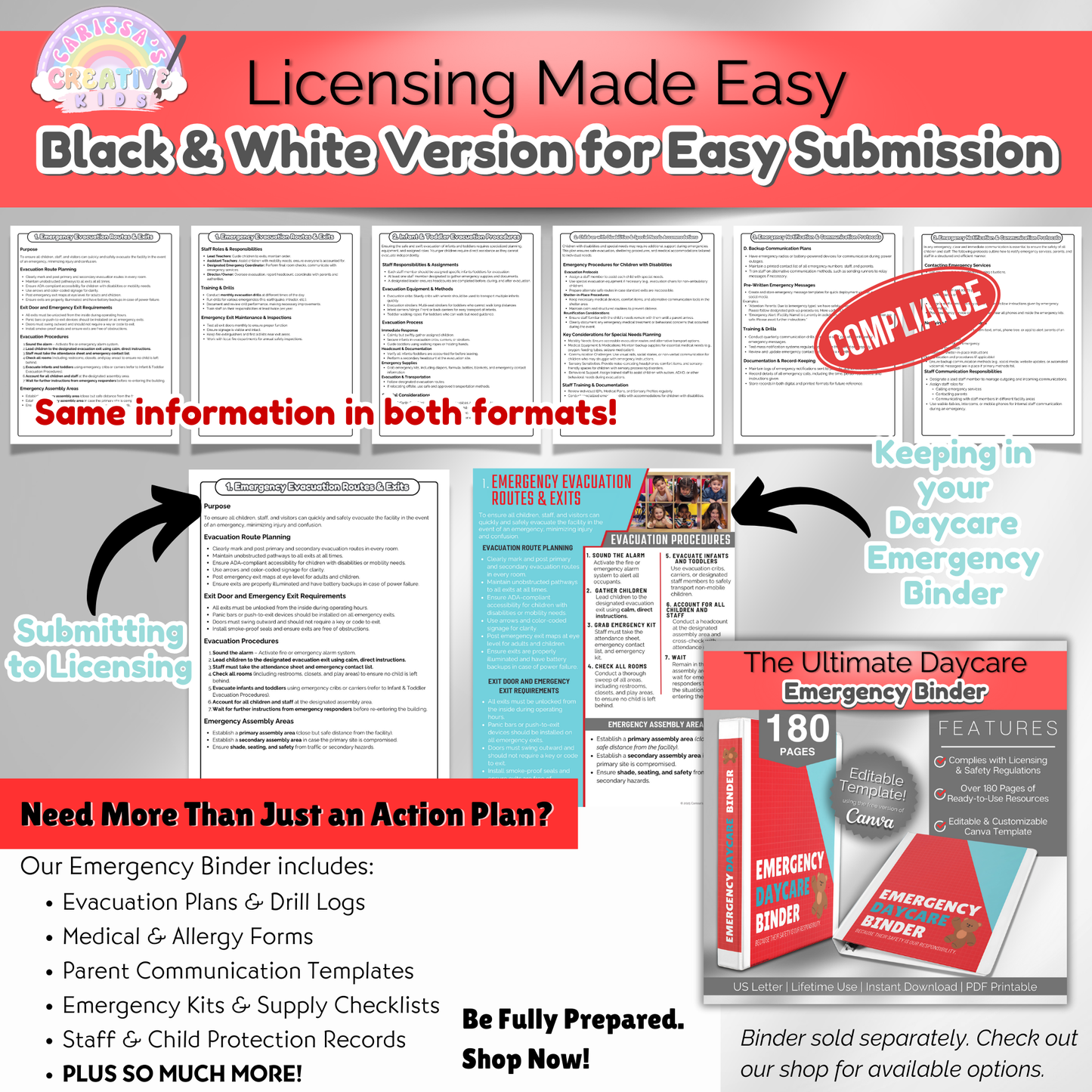 Black and white daycare emergency action plan designed for easy licensing submission. Printable PDF for compliance.