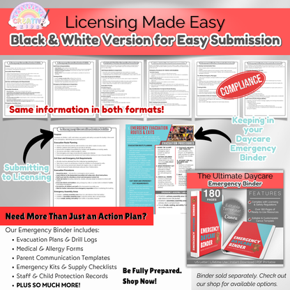 Black and white daycare emergency action plan designed for easy licensing submission. Printable PDF for compliance.