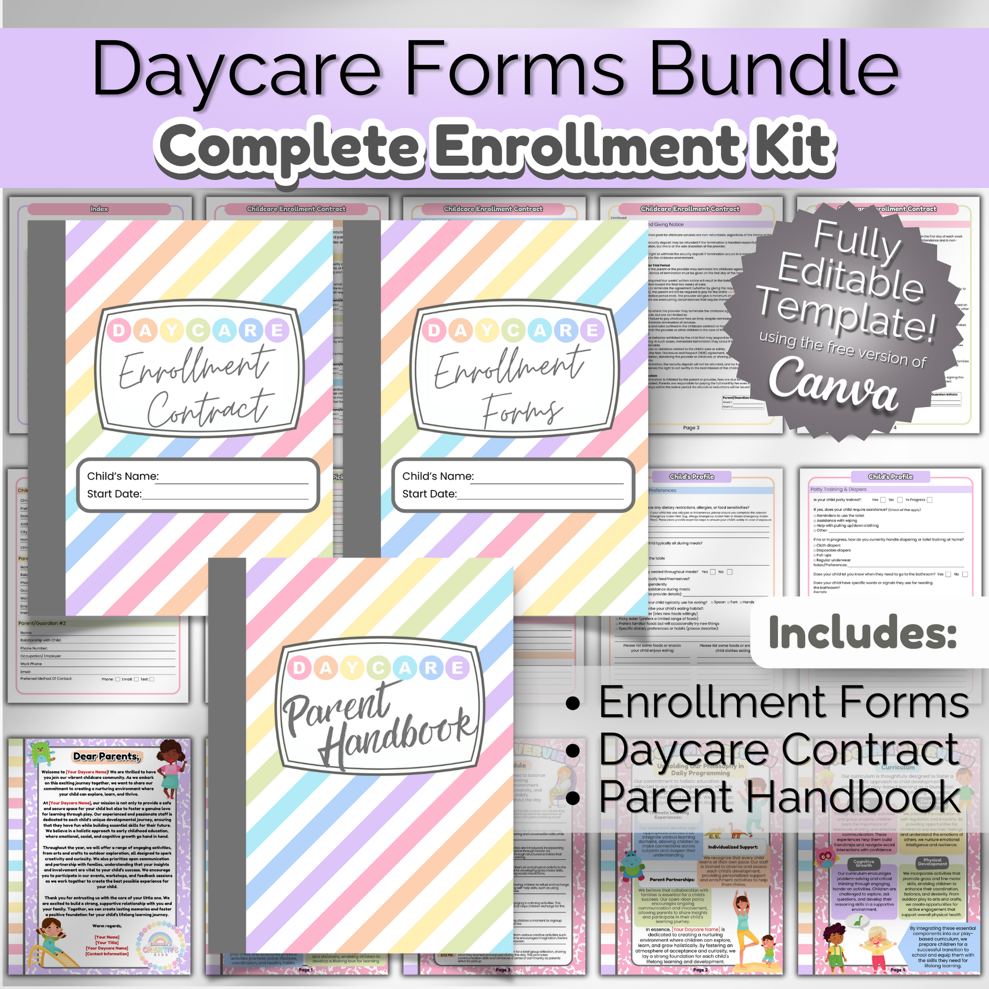 Complete daycare enrollment forms bundle with contracts, parent handbook, and policies. Fully editable in Canva.