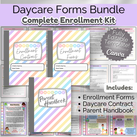 Complete daycare enrollment forms bundle with contracts, parent handbook, and policies. Fully editable in Canva.