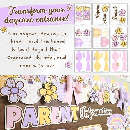 Transform your daycare entrance with this cheerful parent information board kit. Editable printable daycare decor featuring banners, floral accents, and paper bows — designed to create a polished, professional, and welcoming space for families.