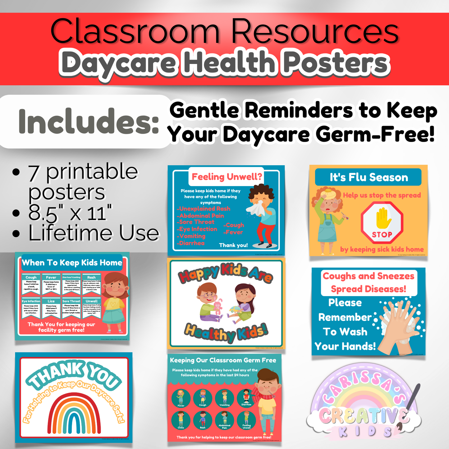 Printable daycare health poster to help enforce sick policy and daycare rules. Ideal for preschool and childcare centers.