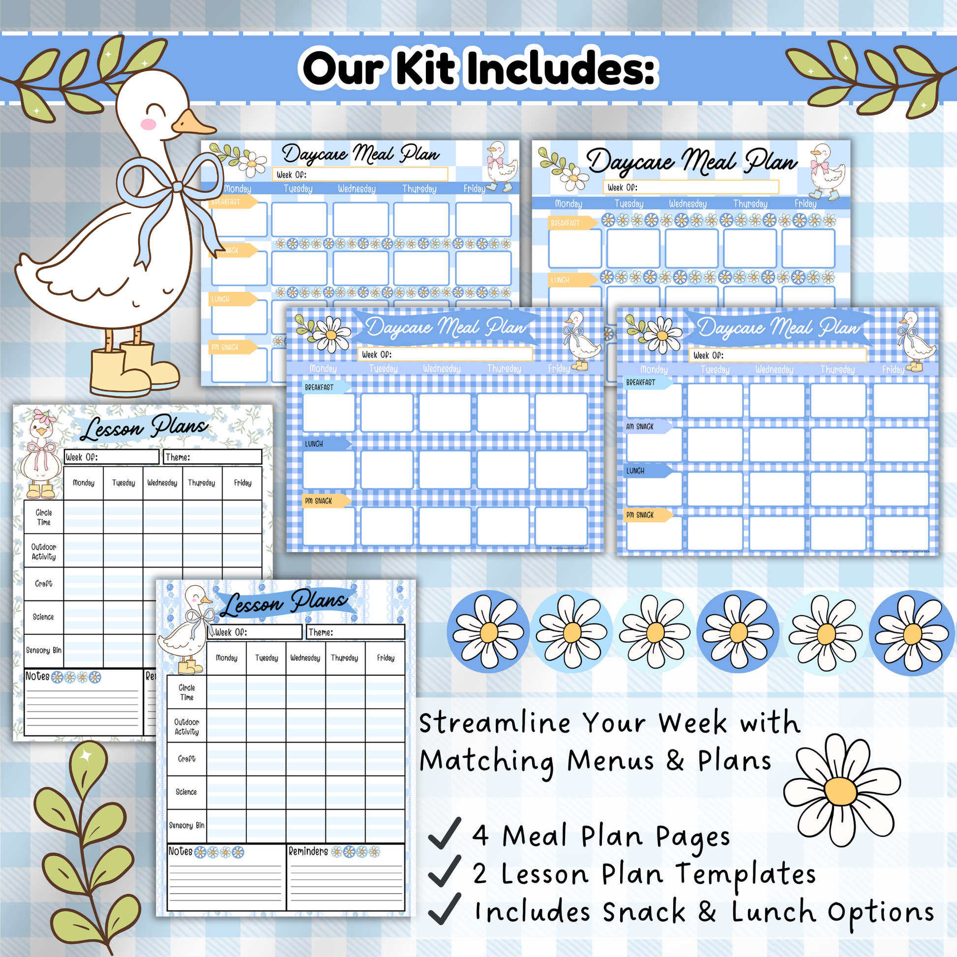 Four meal planner pages and two lesson planning templates displayed, each with sections for meals or activities, adorned with Country Goose accents.
