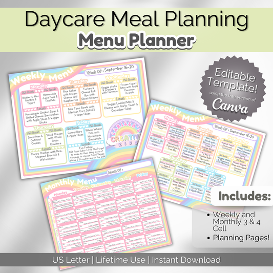 Daycare meal planner template for organized weekly meal planning. Perfect for daycare and preschool settings.