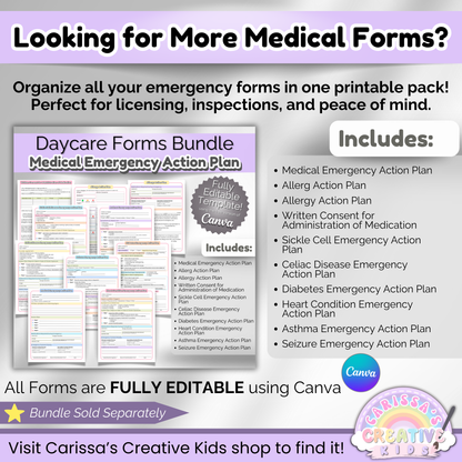 Daycare Medical Emergency Action Plan Bundle with editable templates for allergy, asthma, diabetes, seizures, and more; designed for childcare providers.