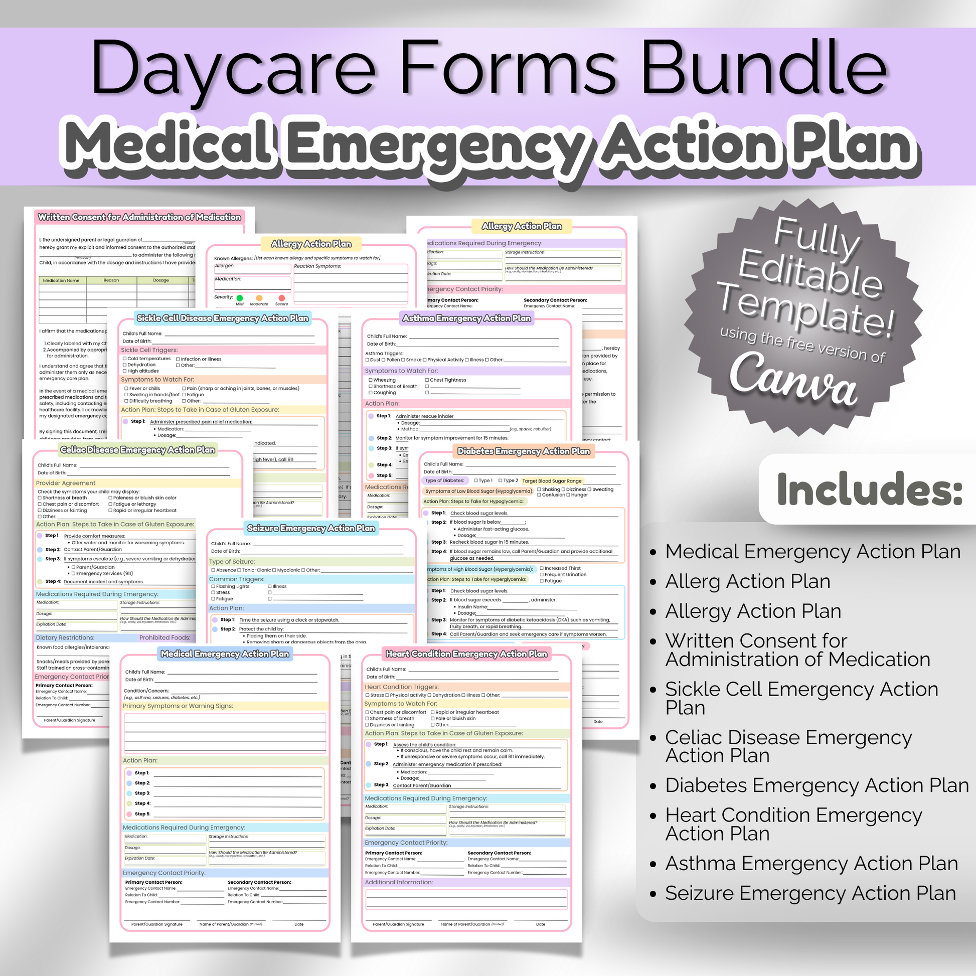Cover image for Daycare Medical Emergency Forms Bundle showing editable Canva templates for allergy, asthma, diabetes, seizure, and other health action plans—perfect for emergency binders in home daycare or preschool.