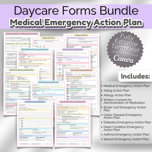 Cover image for Daycare Medical Emergency Forms Bundle showing editable Canva templates for allergy, asthma, diabetes, seizure, and other health action plans—perfect for emergency binders in home daycare or preschool.