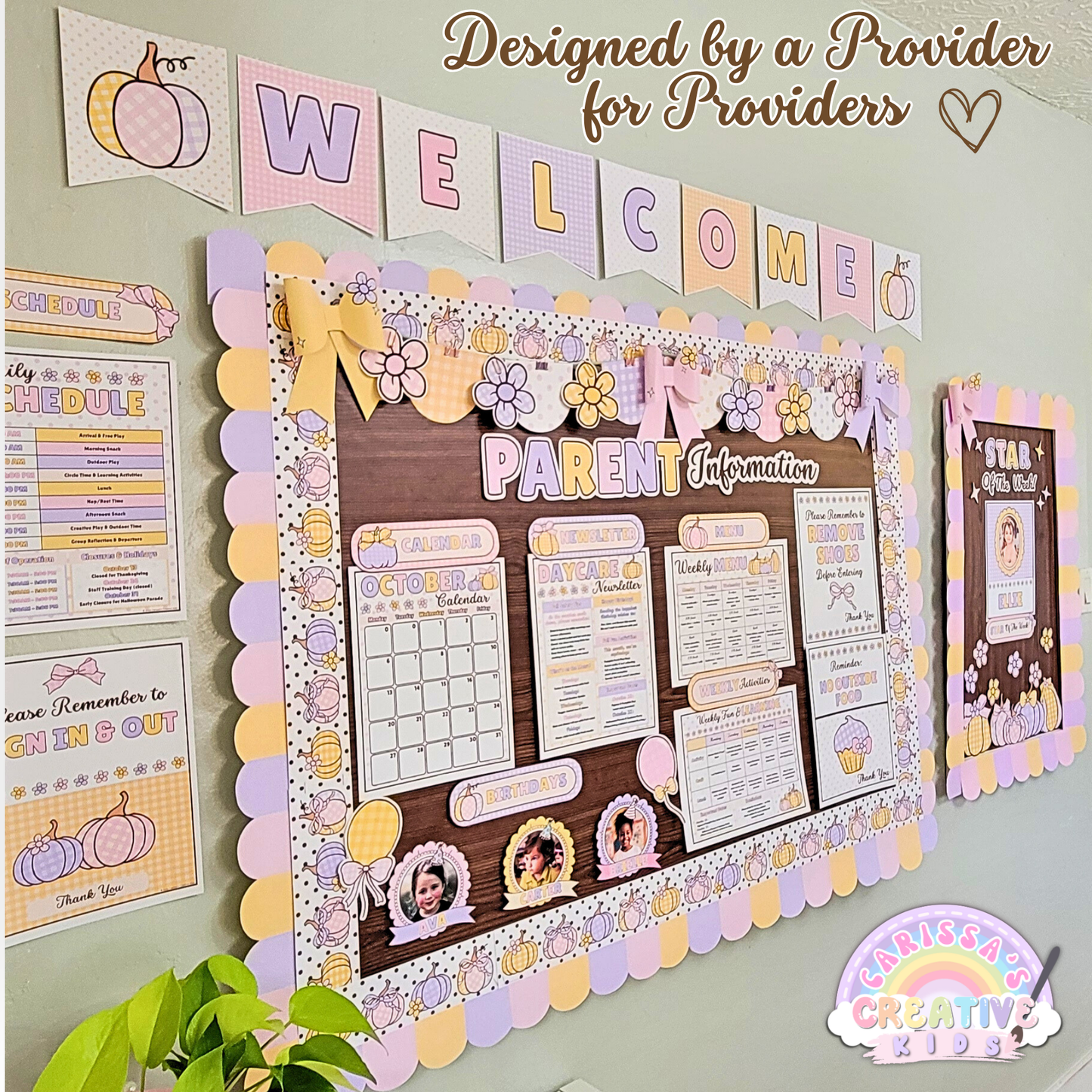 Editable daycare parent board designed by a provider for providers. Beautiful printable preschool decor with welcome banner, calendars, reminders, and star of the week display. Perfect for professional home daycare communication boards.