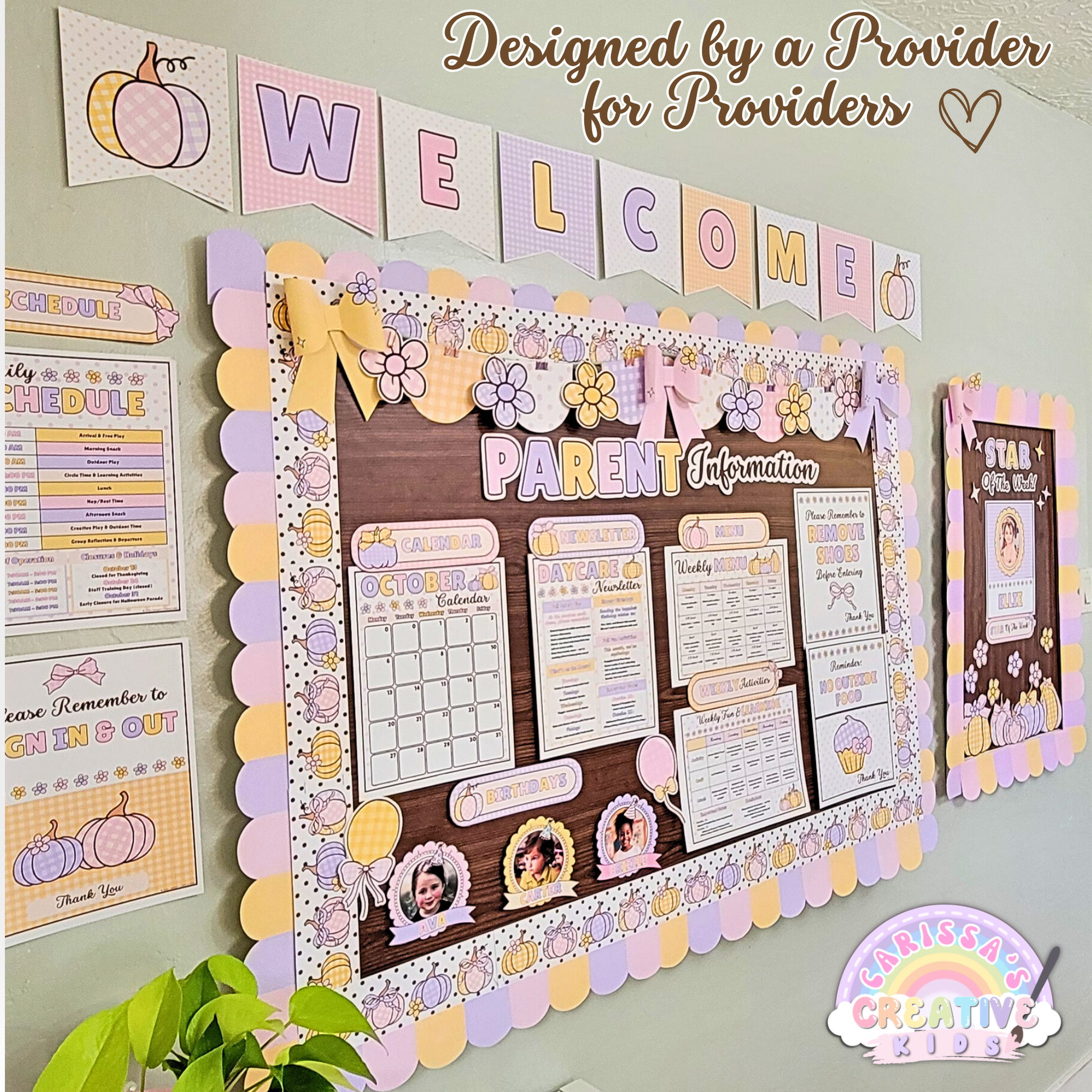 Editable daycare parent board designed by a provider for providers. Beautiful printable preschool decor with welcome banner, calendars, reminders, and star of the week display. Perfect for professional home daycare communication boards.