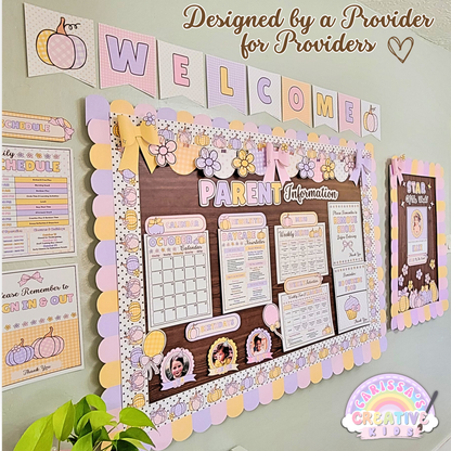Editable daycare parent board designed by a provider for providers. Beautiful printable preschool decor with welcome banner, calendars, reminders, and star of the week display. Perfect for professional home daycare communication boards.