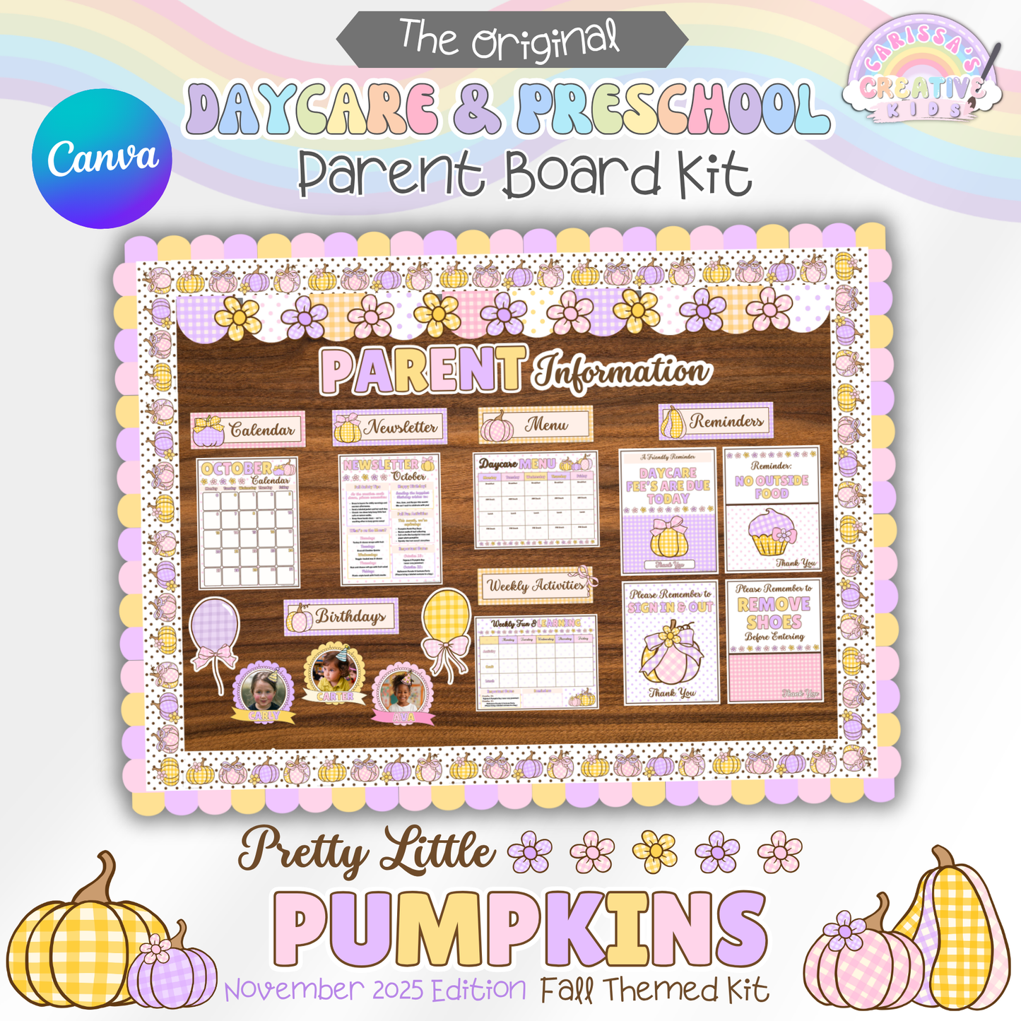 Pretty Little Pumpkins Daycare & Preschool Parent Board Kit – editable fall-themed bulletin board display for parent information, menus, calendars, and reminders. Perfect printable decor for home daycare or classroom.