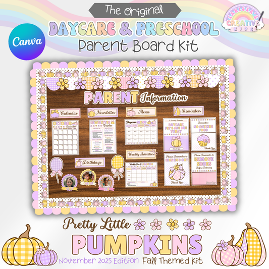 Pretty Little Pumpkins Daycare & Preschool Parent Board Kit – editable fall-themed bulletin board display for parent information, menus, calendars, and reminders. Perfect printable decor for home daycare or classroom.