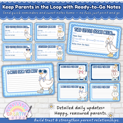 Editable daycare parent note and reminder cards for infants and toddlers. Includes “This Little Goose Needs,” “Feathered Reminder,” “Note from the Nest,” and “News from the Nest” sheets. Perfect for quick communication, supply reminders, and daily notes from infant rooms or preschool classrooms.