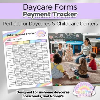 2026 Daycare Payment Tracker displayed next to a preschool classroom scene. Shows filled-in tuition log for a child named Jaxon Smith. Designed for in-home daycares, preschools, and childcare centers.