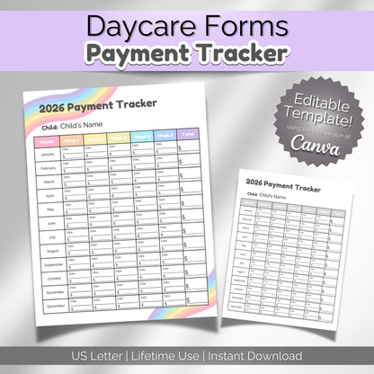 Colorful 2026 Daycare Payment Tracker template with rainbow border. Editable Canva form for tracking weekly tuition payments. Printable PDF for childcare providers.