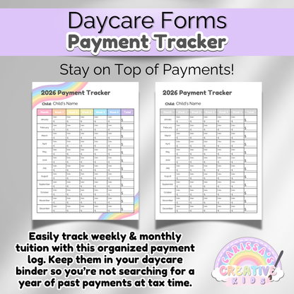 Side-by-side preview of the 2026 Daycare Payment Tracker in full color and black-and-white. Editable Canva and printable PDF form for tracking weekly and monthly tuition payments. Includes rainbow border design and Carissa’s Creative Kids branding.