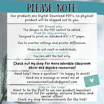 Important notice about the Winter Daycare Parent Board Kit. Clarifies that the product is a digital download only—no physical items will be shipped. Includes info on PDF format, Canva template access, color variation disclaimer, and printing instructions. Also highlights support contact and shop updates.