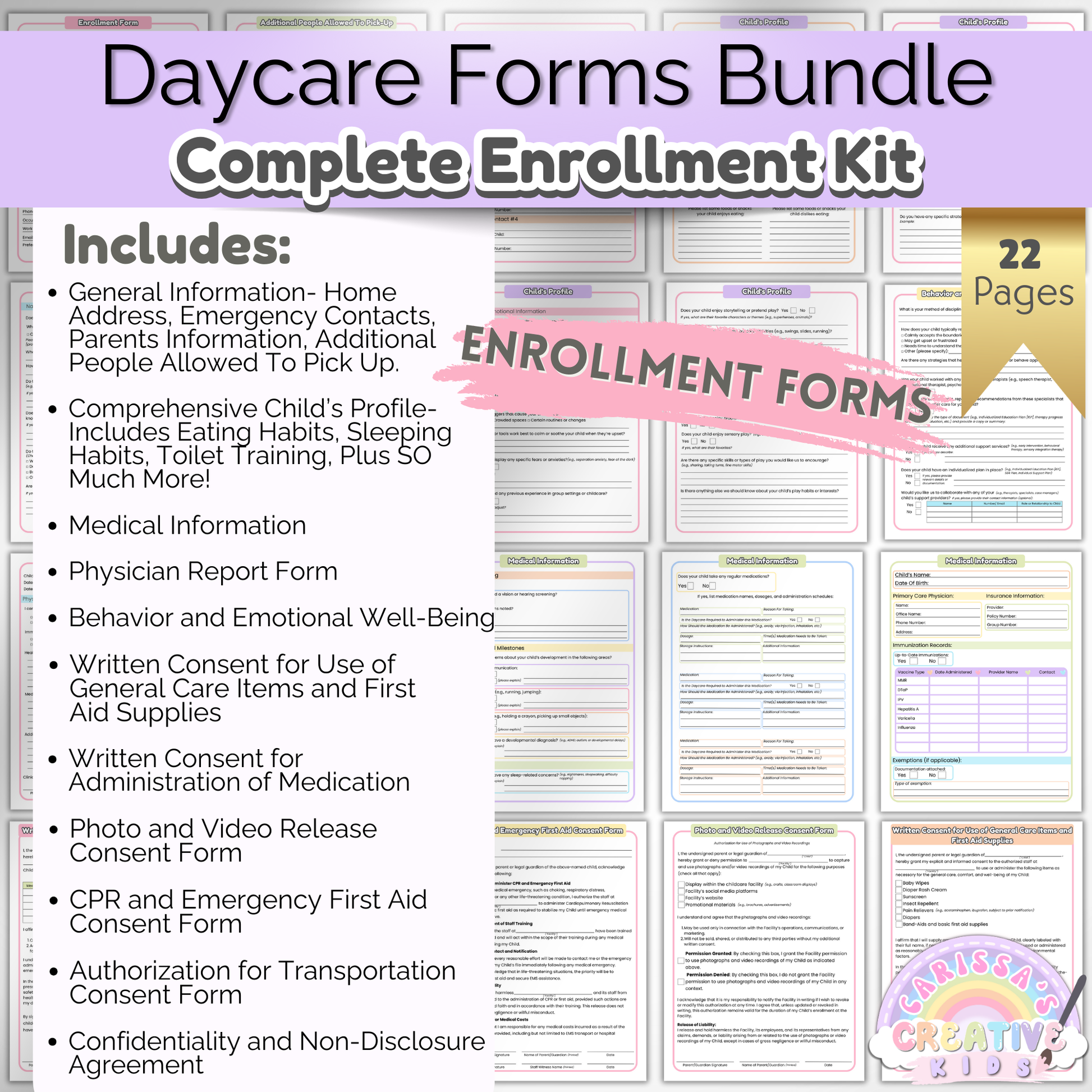 Preschool enrollment forms kit to streamline registration and set clear policies for families.