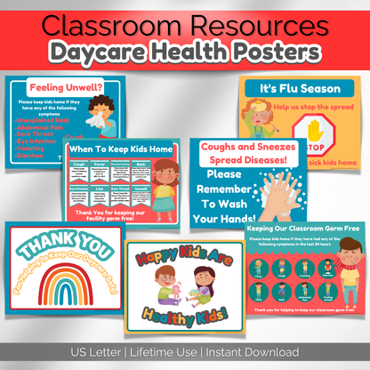 Bright and colorful sick policy poster for daycare decor and organization. Perfect for communicating wellness policies.