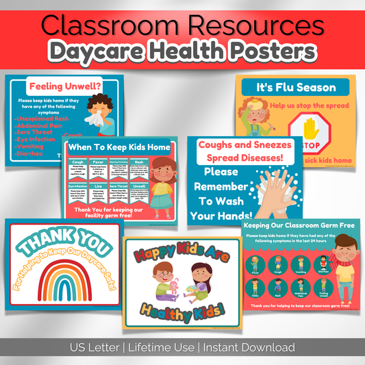 Bright and colorful sick policy poster for daycare decor and organization. Perfect for communicating wellness policies.