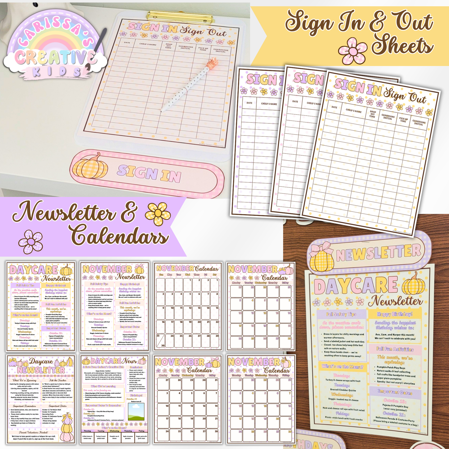 Editable daycare sign-in and sign-out sheets, printable newsletters, and monthly calendar templates. Perfect for organizing home daycare communication, tracking attendance, and sharing updates with parents. Easy-to-edit preschool forms in a cheerful pastel design.