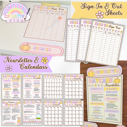 Editable daycare sign-in and sign-out sheets, printable newsletters, and monthly calendar templates. Perfect for organizing home daycare communication, tracking attendance, and sharing updates with parents. Easy-to-edit preschool forms in a cheerful pastel design.