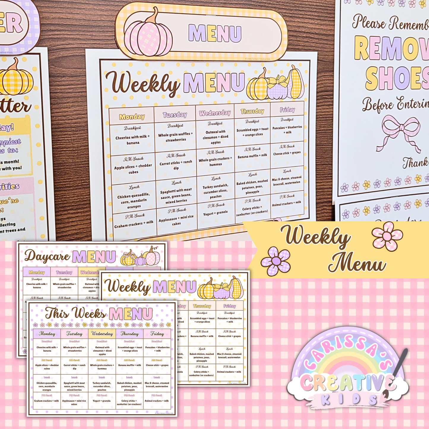 Editable weekly daycare menu template displayed on a fall-themed parent information board. Features pastel pumpkins and coordinating designs for preschool or home daycare meal planning. Perfect for organized, professional daycare displays.