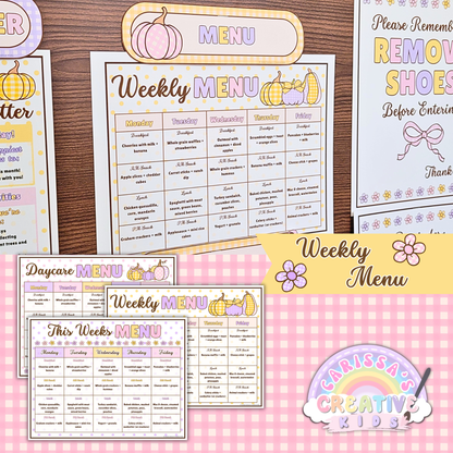 Editable weekly daycare menu template displayed on a fall-themed parent information board. Features pastel pumpkins and coordinating designs for preschool or home daycare meal planning. Perfect for organized, professional daycare displays.