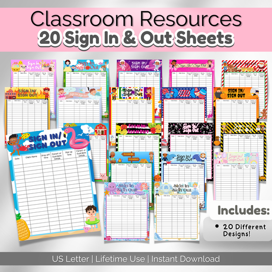  A preview of all 20 printable sign-in sheets for daycare students, displayed in a spread with one sheet slightly larger to highlight the fun and colorful designs.