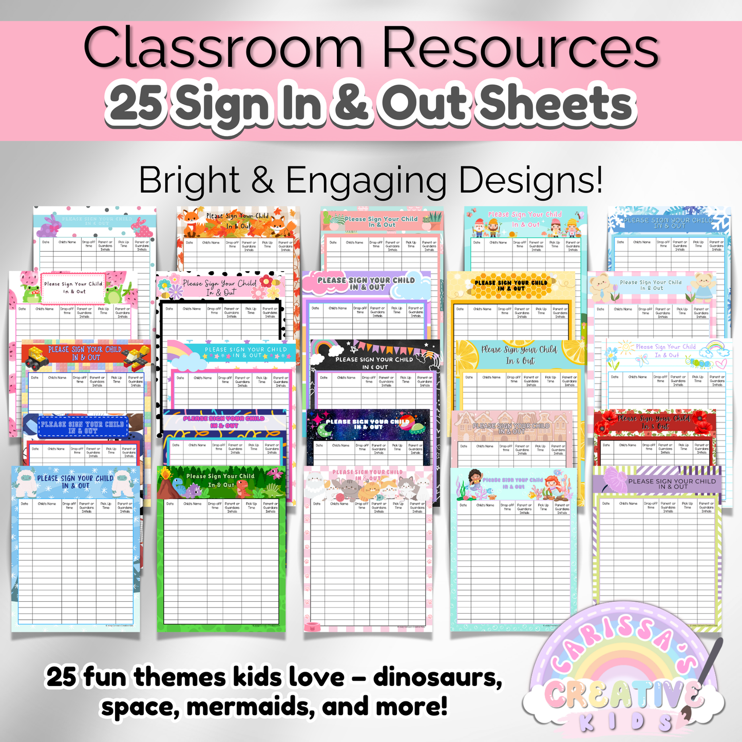 A preview of all 25 daycare sign-in sheets, showcasing a variety of fun themes such as yetis, frogs, building blocks, and other kid-friendly illustrations designed to make sign-in time enjoyable and organized.