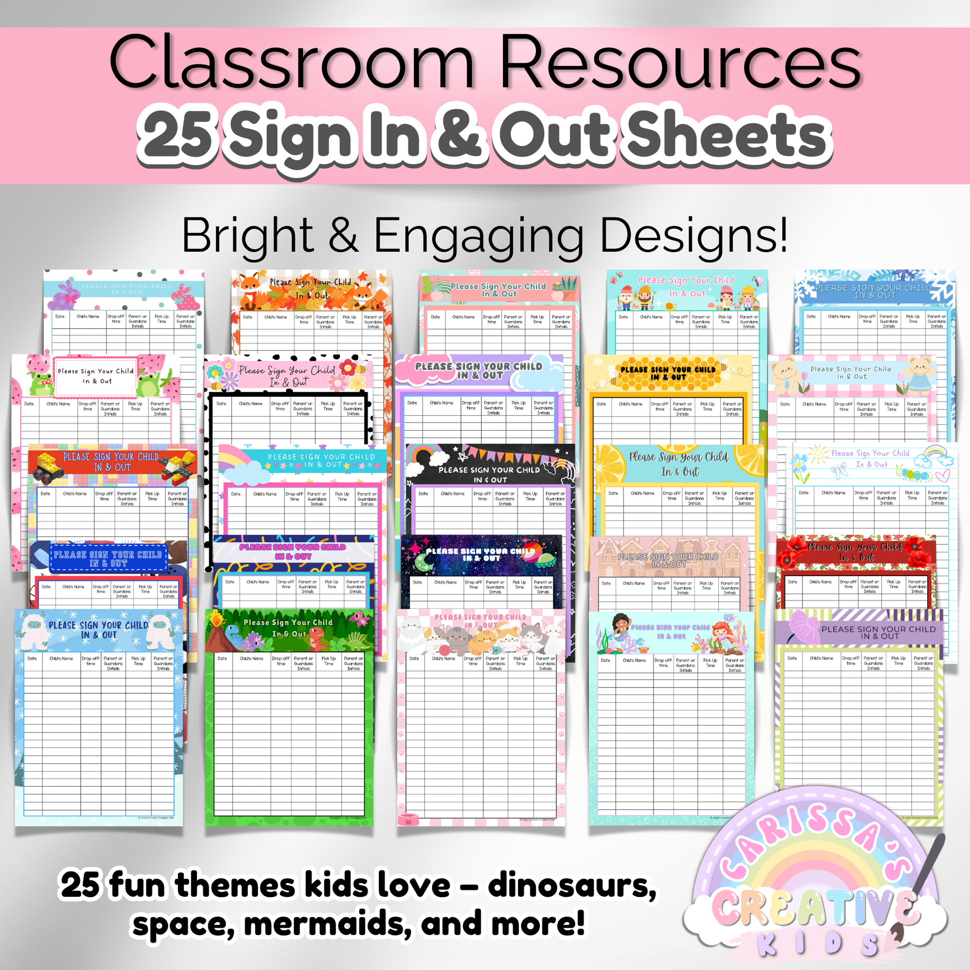 A preview of all 25 daycare sign-in sheets, showcasing a variety of fun themes such as yetis, frogs, building blocks, and other kid-friendly illustrations designed to make sign-in time enjoyable and organized.