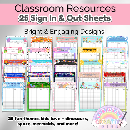 A preview of all 25 daycare sign-in sheets, showcasing a variety of fun themes such as yetis, frogs, building blocks, and other kid-friendly illustrations designed to make sign-in time enjoyable and organized.