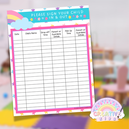 A zoomed-in view of a single daycare sign-in sheet, showcasing the clear structure, fun illustrations, and dedicated spaces for child names, drop-off times, pick-up times, and parent signatures.