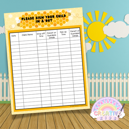 A detailed close-up of one sign-in sheet, highlighting the colorful design, easy-to-read format, and structured layout for efficient attendance tracking in daycare and preschool settings.