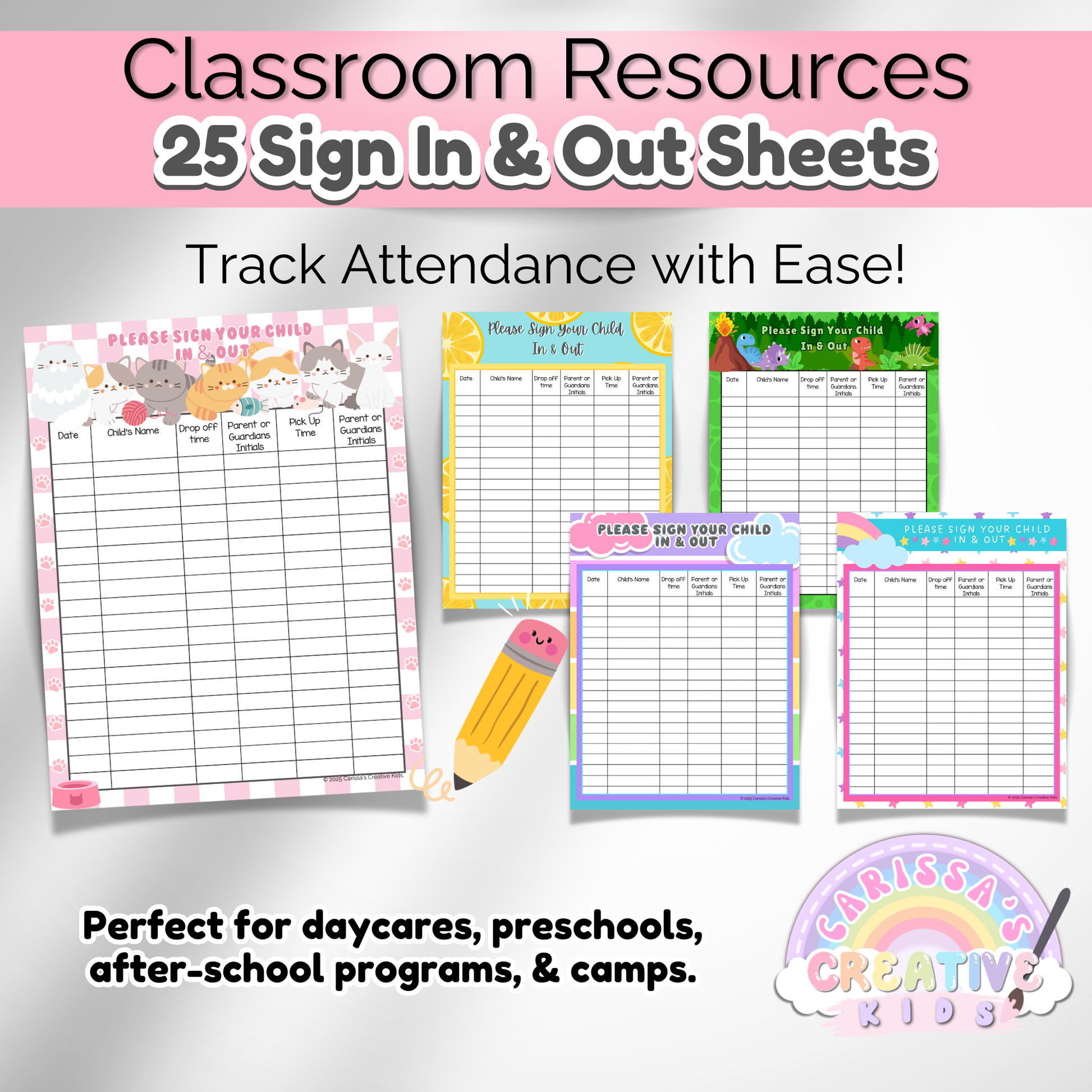 A close-up of 5 unique daycare sign-in sheets, each with a distinct theme, including playful animals and bright colors. The sheets provide a clear structure for tracking daily attendance.