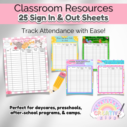 A close-up of 5 unique daycare sign-in sheets, each with a distinct theme, including playful animals and bright colors. The sheets provide a clear structure for tracking daily attendance.