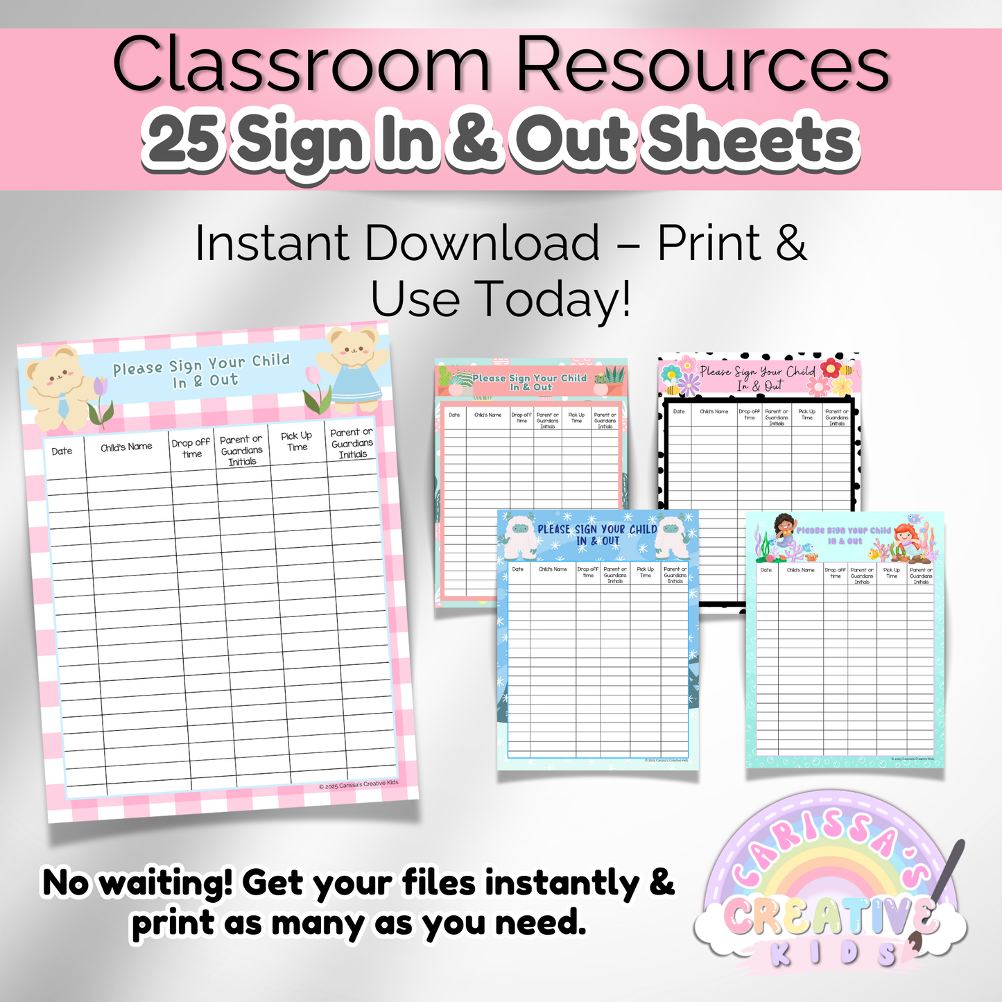 A selection of 5 different sign-in sheets from the set, displayed in a neat layout. Each sheet features creative illustrations and well-organized spaces for easy drop-off and pick-up tracking.